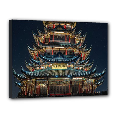 Blue Yellow And Green Lighted Pagoda Tower Canvas 16  X 12  (stretched) by Modalart