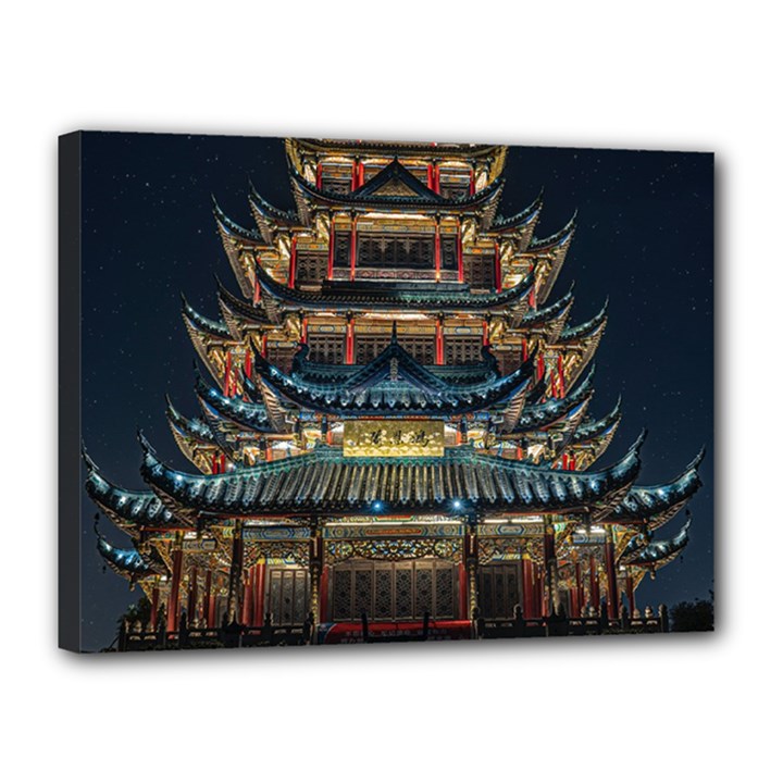 Blue Yellow And Green Lighted Pagoda Tower Canvas 16  x 12  (Stretched)