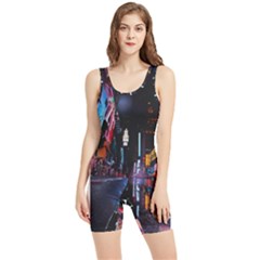 Roadway Surrounded Building During Nighttime Women s Wrestling Singlet by Modalart