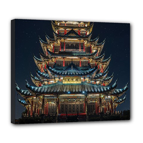 Blue Yellow And Green Lighted Pagoda Tower Deluxe Canvas 24  X 20  (stretched) by Modalart