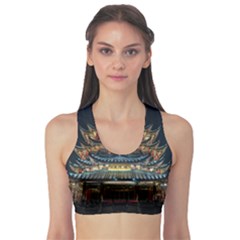 Blue Yellow And Green Lighted Pagoda Tower Fitness Sports Bra by Modalart