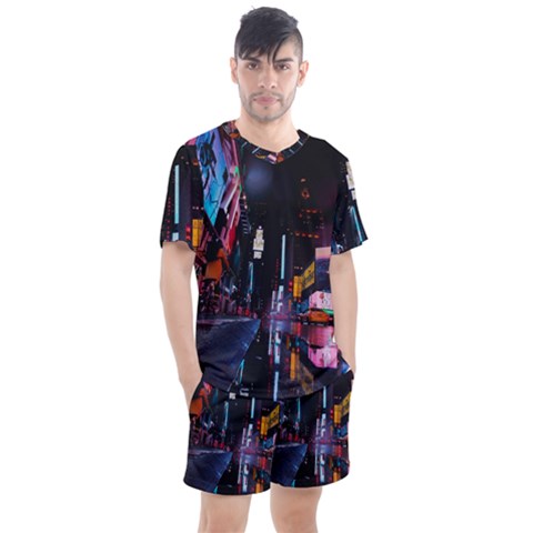 Roadway Surrounded Building During Nighttime Men s Mesh T-shirt And Shorts Set by Modalart