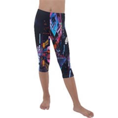 Roadway Surrounded Building During Nighttime Kids  Lightweight Velour Capri Leggings  by Modalart