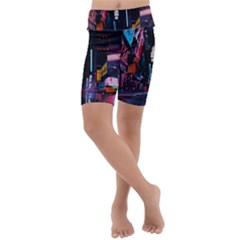 Roadway Surrounded Building During Nighttime Kids  Lightweight Velour Cropped Yoga Leggings by Modalart