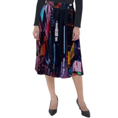 Roadway Surrounded Building During Nighttime Classic Velour Midi Skirt  by Modalart