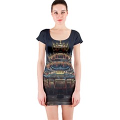 Blue Yellow And Green Lighted Pagoda Tower Short Sleeve Bodycon Dress by Modalart