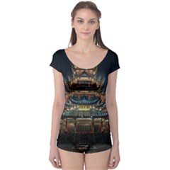 Blue Yellow And Green Lighted Pagoda Tower Boyleg Leotard  by Modalart