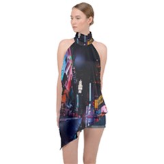 Roadway Surrounded Building During Nighttime Halter Asymmetric Satin Top by Modalart