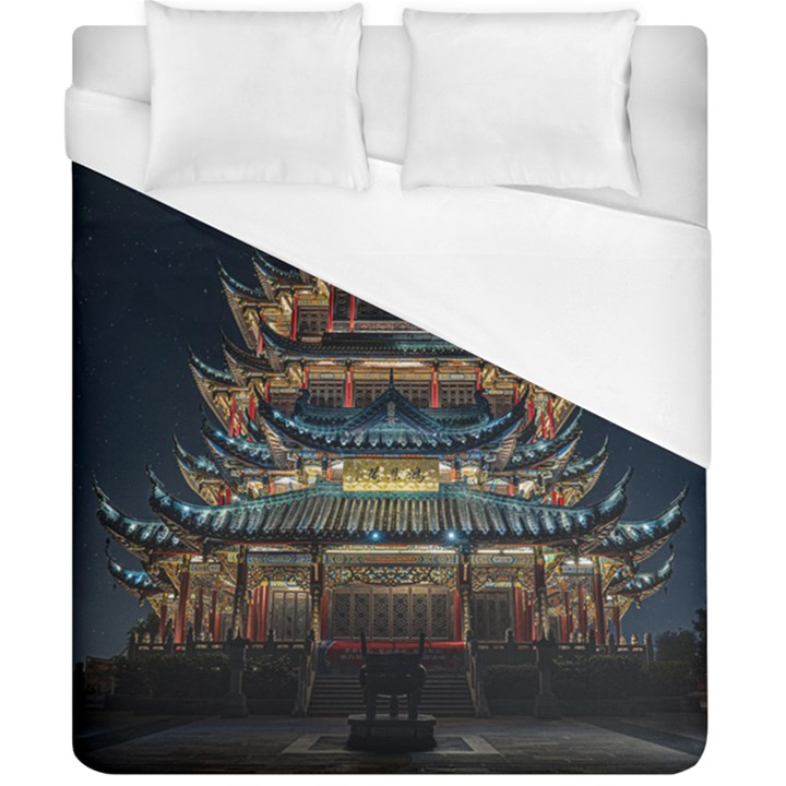 Blue Yellow And Green Lighted Pagoda Tower Duvet Cover (California King Size)