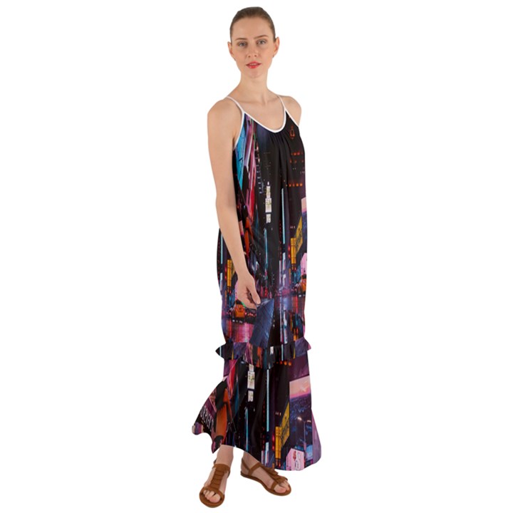 Roadway Surrounded Building During Nighttime Cami Maxi Ruffle Chiffon Dress