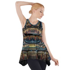 Blue Yellow And Green Lighted Pagoda Tower Side Drop Tank Tunic by Modalart