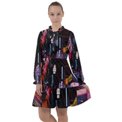 Roadway Surrounded Building During Nighttime All Frills Chiffon Dress by Modalart