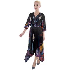 Roadway Surrounded Building During Nighttime Quarter Sleeve Wrap Front Maxi Dress by Modalart