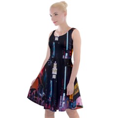 Roadway Surrounded Building During Nighttime Knee Length Skater Dress by Modalart