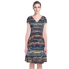 Blue Yellow And Green Lighted Pagoda Tower Short Sleeve Front Wrap Dress by Modalart