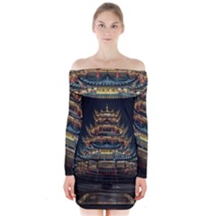 Blue Yellow And Green Lighted Pagoda Tower Long Sleeve Off Shoulder Dress by Modalart