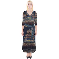 Blue Yellow And Green Lighted Pagoda Tower Quarter Sleeve Wrap Maxi Dress by Modalart