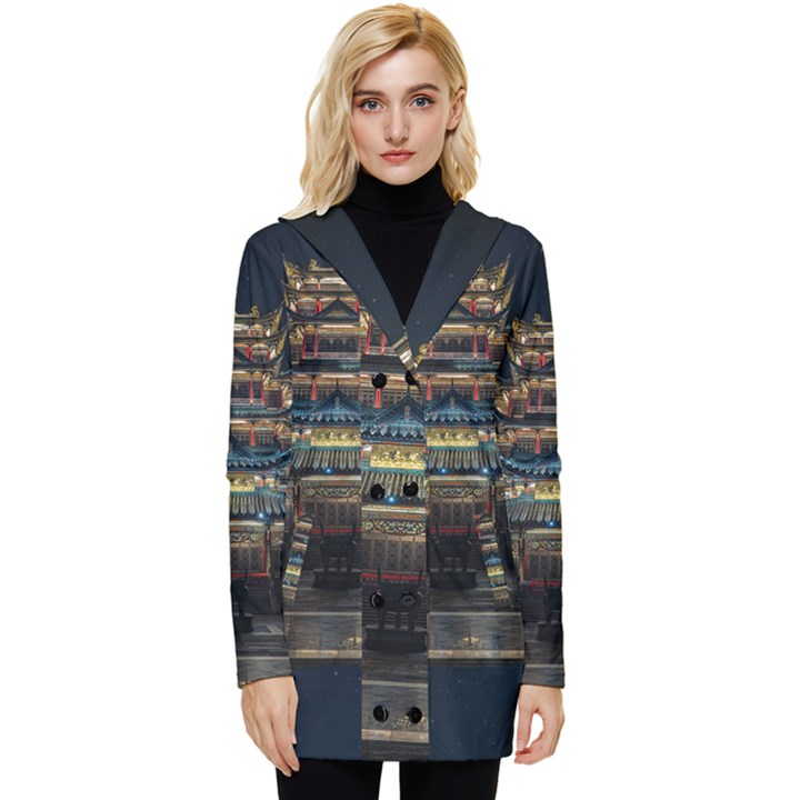 Blue Yellow And Green Lighted Pagoda Tower Button Up Hooded Coat 