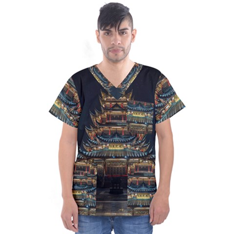 Blue Yellow And Green Lighted Pagoda Tower Men s V-neck Scrub Top by Modalart