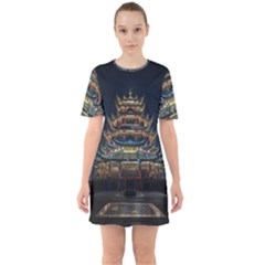 Blue Yellow And Green Lighted Pagoda Tower Sixties Short Sleeve Mini Dress by Modalart