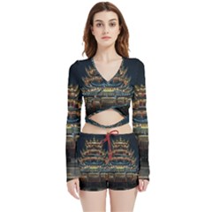 Blue Yellow And Green Lighted Pagoda Tower Velvet Wrap Crop Top And Shorts Set by Modalart