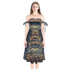 Blue Yellow And Green Lighted Pagoda Tower Shoulder Tie Bardot Midi Dress by Modalart