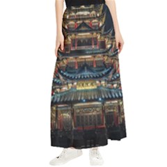 Blue Yellow And Green Lighted Pagoda Tower Maxi Chiffon Skirt by Modalart