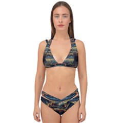 Blue Yellow And Green Lighted Pagoda Tower Double Strap Halter Bikini Set by Modalart