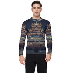 Blue Yellow And Green Lighted Pagoda Tower Men s Long Sleeve Rash Guard by Modalart