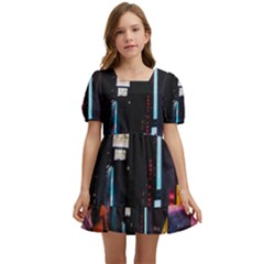 Roadway Surrounded Building During Nighttime Kids  Short Sleeve Dolly Dress by Modalart