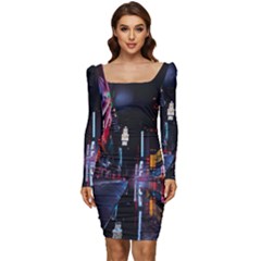 Roadway Surrounded Building During Nighttime Women Long Sleeve Ruched Stretch Jersey Dress by Modalart