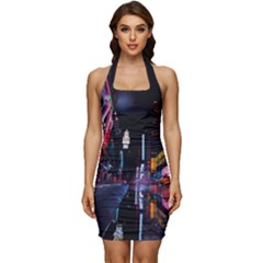 Roadway Surrounded Building During Nighttime Sleeveless Wide Square Neckline Ruched Bodycon Dress by Modalart