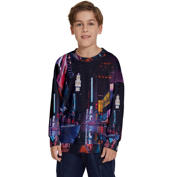 Roadway Surrounded Building During Nighttime Kids  Crewneck Sweatshirt