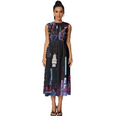 Roadway Surrounded Building During Nighttime Sleeveless Round Neck Midi Dress by Modalart