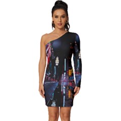 Roadway Surrounded Building During Nighttime Long Sleeve One Shoulder Mini Dress by Modalart