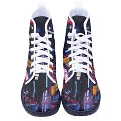 Roadway Surrounded Building During Nighttime Men s High-top Canvas Sneakers by Modalart