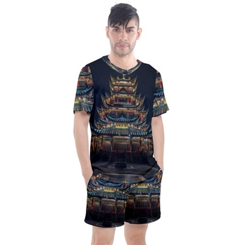 Blue Yellow And Green Lighted Pagoda Tower Men s Mesh T-shirt And Shorts Set by Modalart