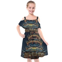 Blue Yellow And Green Lighted Pagoda Tower Kids  Cut Out Shoulders Chiffon Dress by Modalart