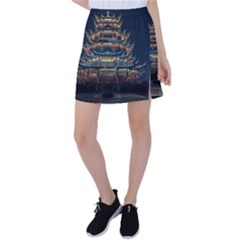 Blue Yellow And Green Lighted Pagoda Tower Tennis Skirt by Modalart