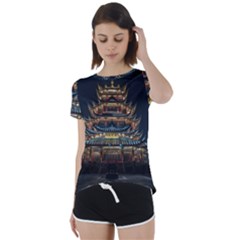 Blue Yellow And Green Lighted Pagoda Tower Short Sleeve Open Back T-shirt by Modalart