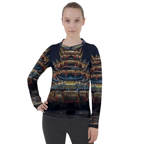 Blue Yellow And Green Lighted Pagoda Tower Women s Pique Long Sleeve T-shirt by Modalart