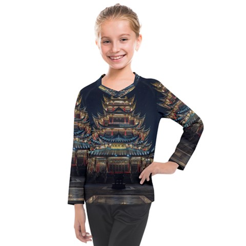 Blue Yellow And Green Lighted Pagoda Tower Kids  Long Mesh T-shirt by Modalart