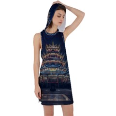 Blue Yellow And Green Lighted Pagoda Tower Racer Back Hoodie Dress by Modalart