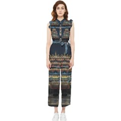 Blue Yellow And Green Lighted Pagoda Tower Women s Frill Top Chiffon Jumpsuit by Modalart