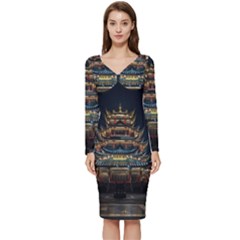 Blue Yellow And Green Lighted Pagoda Tower Long Sleeve V-neck Bodycon Dress  by Modalart