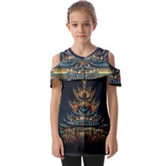 Blue Yellow And Green Lighted Pagoda Tower Fold Over Open Sleeve Top by Modalart