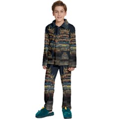 Blue Yellow And Green Lighted Pagoda Tower Kids  Long Sleeve Velvet Pajamas Set by Modalart