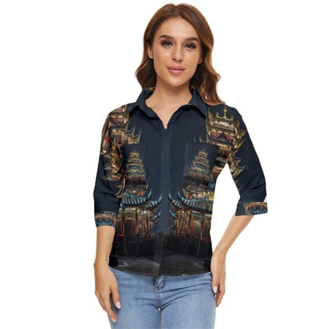 Blue Yellow And Green Lighted Pagoda Tower Women s Quarter Sleeve Pocket Shirt by Modalart