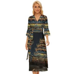 Blue Yellow And Green Lighted Pagoda Tower Midsummer Wrap Dress by Modalart