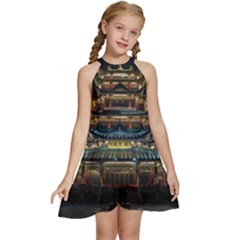 Blue Yellow And Green Lighted Pagoda Tower Kids  Halter Collar Waist Tie Chiffon Dress by Modalart